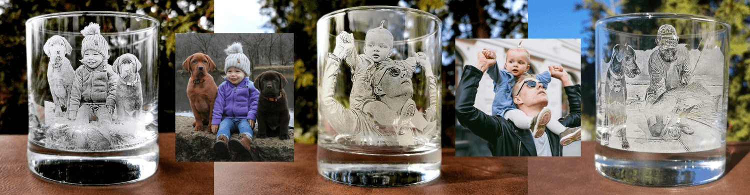 Examples of family photos laser-etched on rocks glasses.